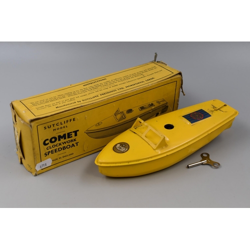 178 - Vintage Sutcliffe Comet Clockwork Speedboat Tin Toy with Key in Original Box. Working.