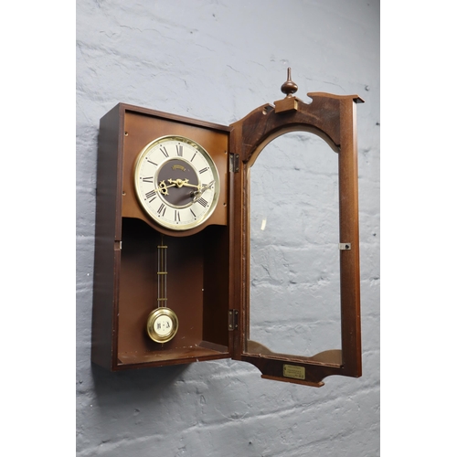 362 - Wall Mounted Wood Cased Chiming Wall Clock with Key and pendulum