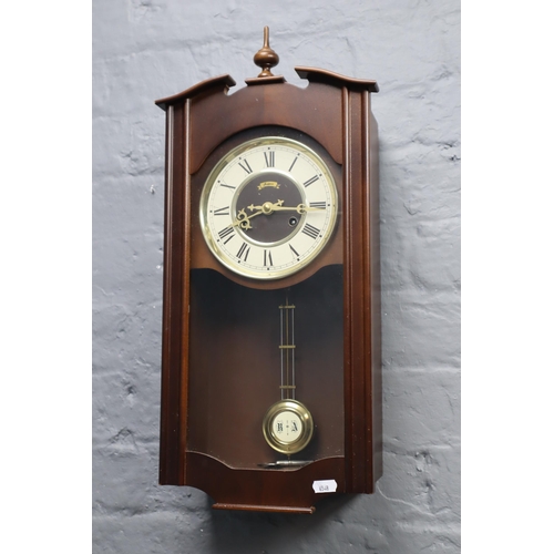 362 - Wall Mounted Wood Cased Chiming Wall Clock with Key and pendulum