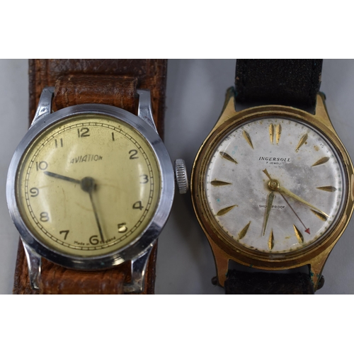 103 - Two Vintage Gents Watches Ingersoll 7 Jewels Mechanical and Aviation both with Leather Straps