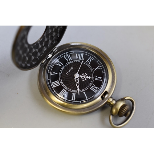 121 - Mudder half hunter pocket watch in antique brass with fob chain in presentation box, working and new... 