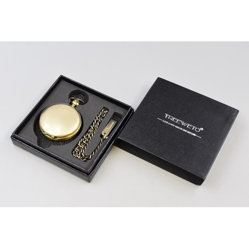 123 - Treeweto pocket watch in antique brass colour with fob chain in presentation box and sleeve in worki... 