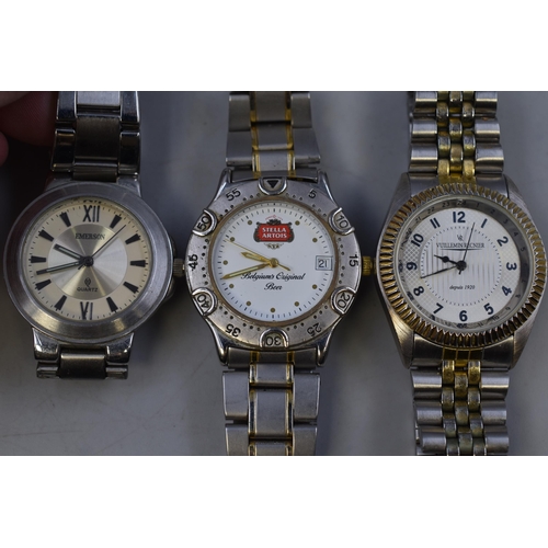 124 - Three Gent's Quartz Watches To Include Stella Artois, Emerson, And Other