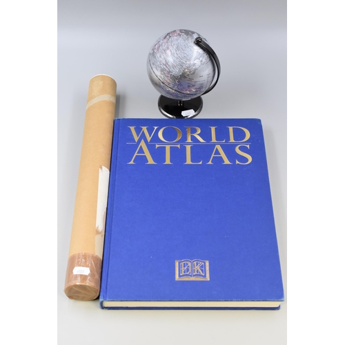 466 - Three Items to include Large World Atlas Book, a Globe and a World Map Poster