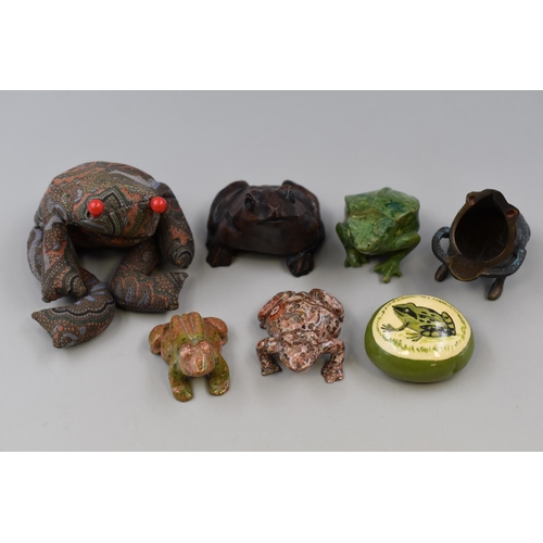 128 - A Selection of Frog Figures To Include Liberty Frog, Unusual Brass Ashtray, Natural Stone Frogs and ... 