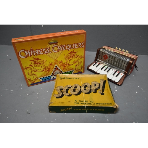 532 - Two Vintage Children’s Games and a Childs Accordion. Includes Waddingtons Vintage Scoop Game a... 