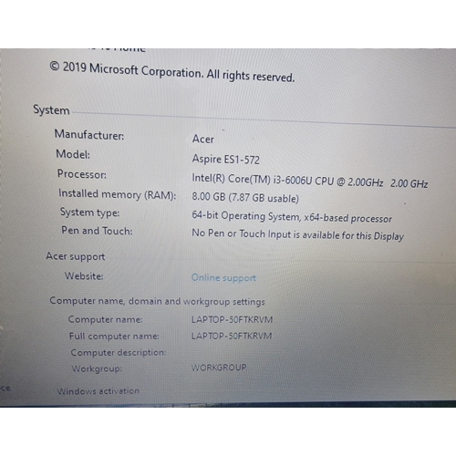 539 - Acer Aspire ES-15 i3 Laptop Computer. 64 gig OS 8gb Ram Terabyte Hard Drive. Working at Testing (No ... 