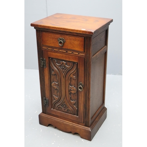 583 - English made dark wooden decorative cupboard with single drawer and long shelf approx (32