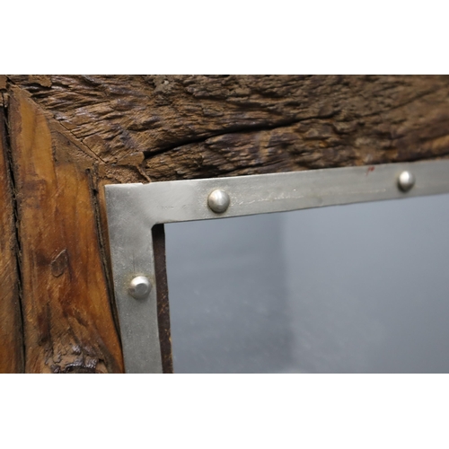 586 - Rustic Wood Framed Wall Mirror with Riveted Metal Trim (2ft x 3ft)