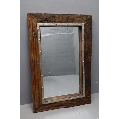 586 - Rustic Wood Framed Wall Mirror with Riveted Metal Trim (2ft x 3ft)