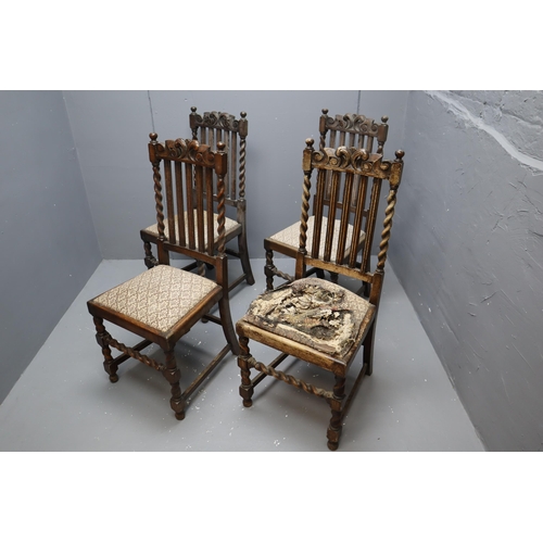 555 - Four Antique Oak Hand Carved Chairs with Horsehair Sprung Upholstered Seats (41” High) a/f. NO... 