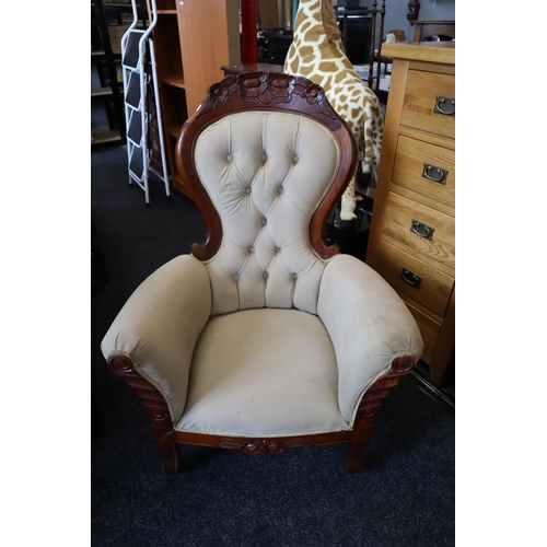 591 - Elegant Victorian Style Button Back Throne Armchair Dressed in Fawn Material and Decorated with Hand... 