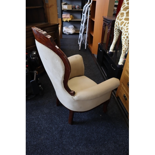 591 - Elegant Victorian Style Button Back Throne Armchair Dressed in Fawn Material and Decorated with Hand... 