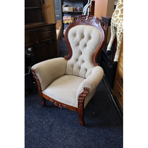 591 - Elegant Victorian Style Button Back Throne Armchair Dressed in Fawn Material and Decorated with Hand... 