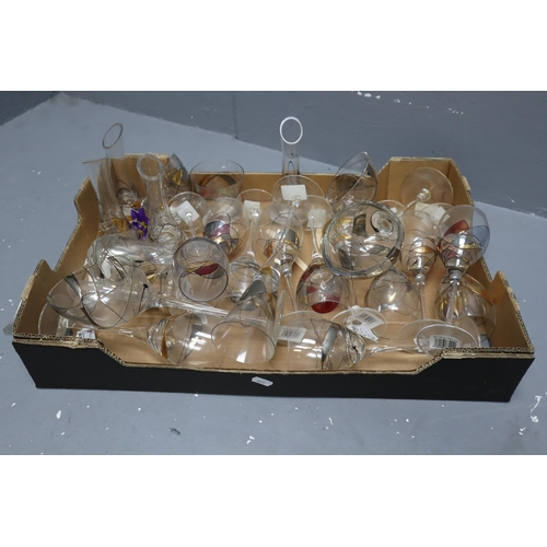 562 - Mixed Selection of Hand Painted Quality Glass items. Includes Drinking Glasses, Flutes and Candle Ho... 