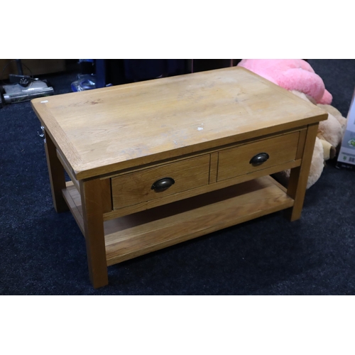 599 - Solid Oak Coffee Table with One Drawer Under Storage and lower Storage shelf 36