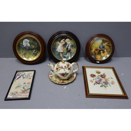 A Mixed Selection To Include Old Country Roses Teapot and Collectable Plate, Three Collectable Plates in Wooden Frames and Two Framed and Glazed Embroidered Oriental Artpieces