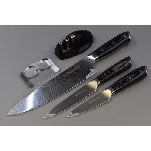 506 - Two New Boxed Knife Sets by Mosfiata. Includes Three Kitchen Knives and Sharpener