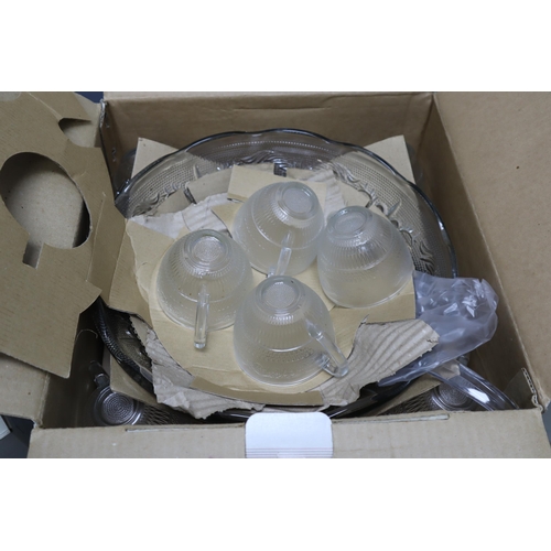 790 - Two Glass punch bowl sets with bowl, base, 12 cups hooks and ladles plus 4 boxes each containing 4 w... 