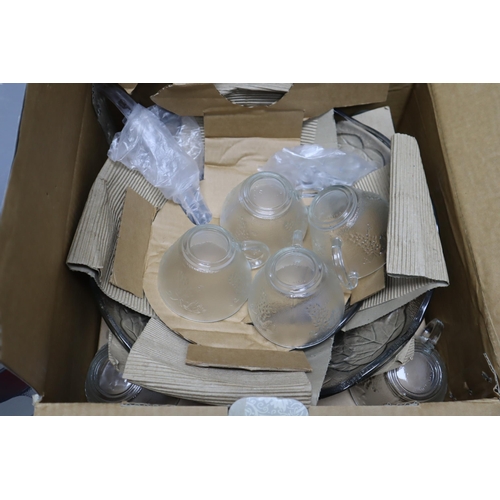 790 - Two Glass punch bowl sets with bowl, base, 12 cups hooks and ladles plus 4 boxes each containing 4 w... 