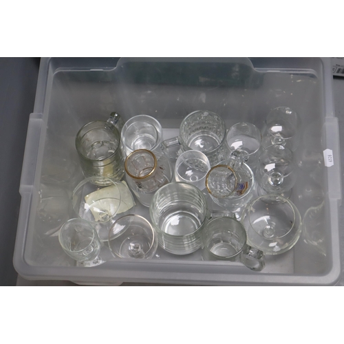 765 - A Large Selection (Three Boxes) of Assorted Drinking Glasses. Includes Etched Glassware, Tankards, S... 