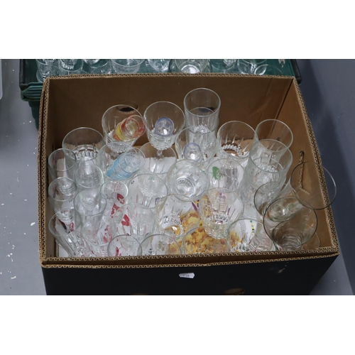 765 - A Large Selection (Three Boxes) of Assorted Drinking Glasses. Includes Etched Glassware, Tankards, S... 