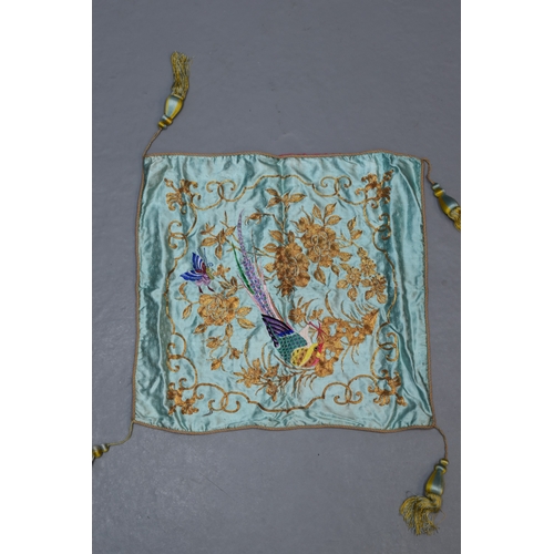 Two Detailed Bird Themed Silk Hand Stitched Square Covers with Tassels (17” x 16”)