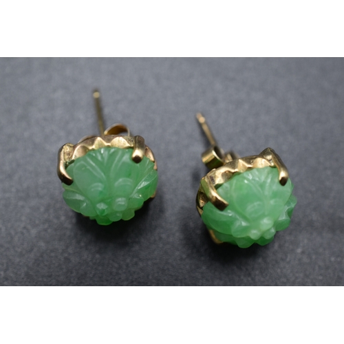 64 - A Pair of 9ct Gold Floral Carved Jade Stud Earrings, 3.85g