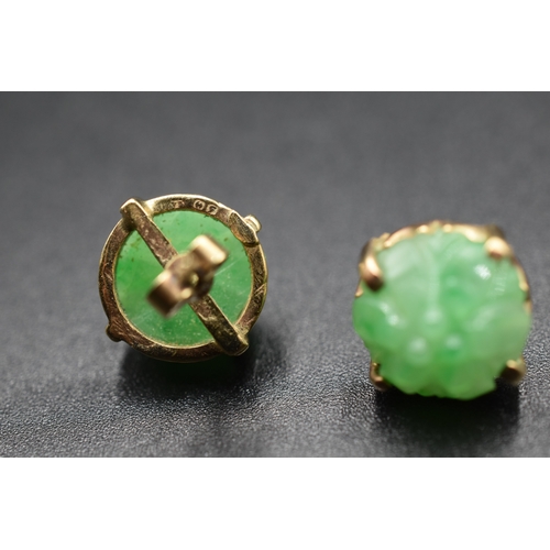 64 - A Pair of 9ct Gold Floral Carved Jade Stud Earrings, 3.85g