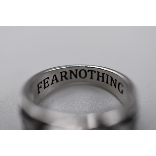 68 - Silver 925 Fear nothing Bikers Ring (Size V) Complete with Presentation Box