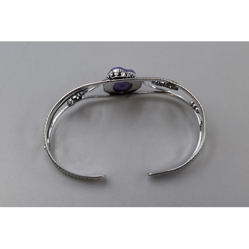 69 - A Purple Druzy Slice Centered 925. Silver Bangle, With Presentation Box