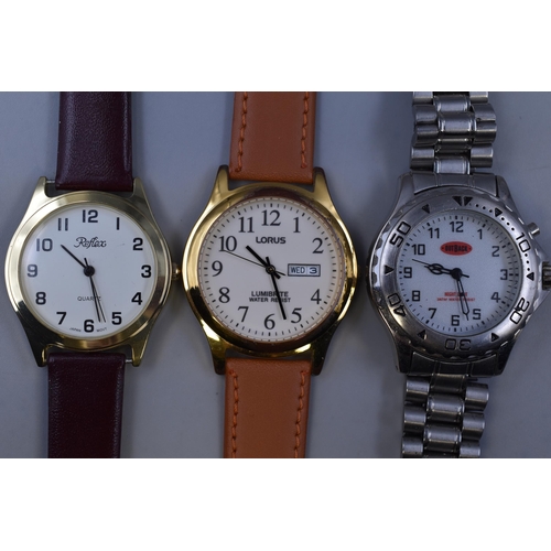 94 - Three Gents Quartz Watches To Include Lorus Lumibite, Outback Light-Up, And Reflex. All Working