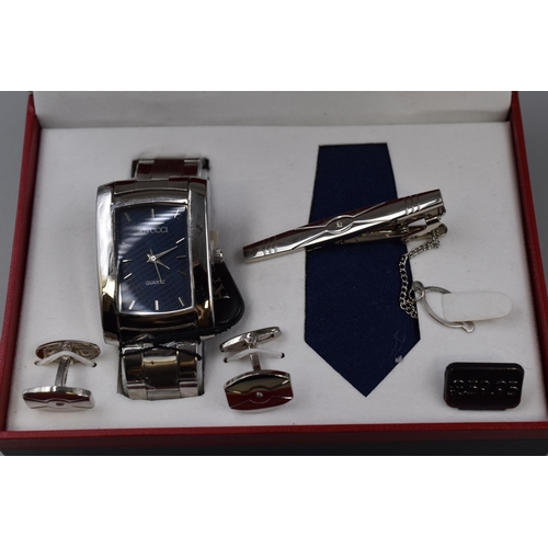 96 - An Anucci Gentleman's Gift Set, Inlcudes Watch, Cufflinks, And Tie Clip