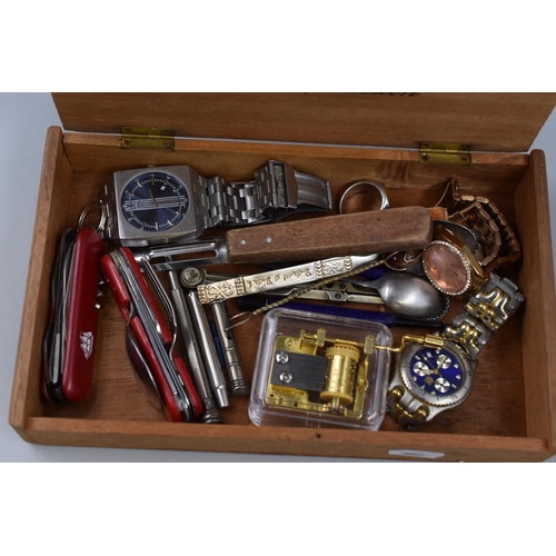 101 - Zeodo Wooden Cigar Box containing a selection of Collectables including Watches, Multifunctional Kni... 