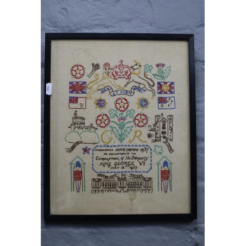 306 - A Framed and Glazed 1937 Coronation Sampler, With Three Framed and Glazed Embroidered Royal Family P... 