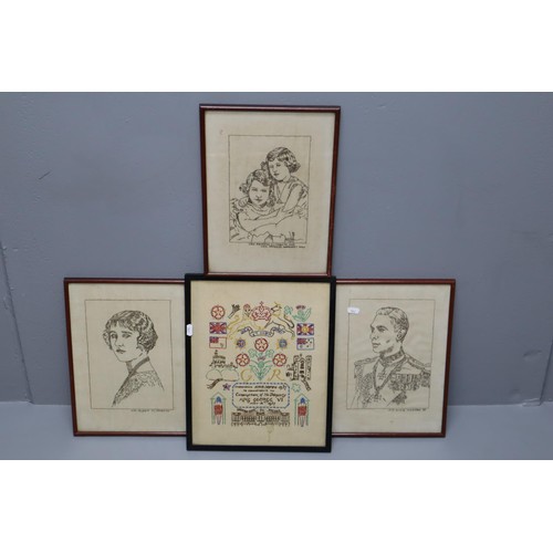 306 - A Framed and Glazed 1937 Coronation Sampler, With Three Framed and Glazed Embroidered Royal Family P... 