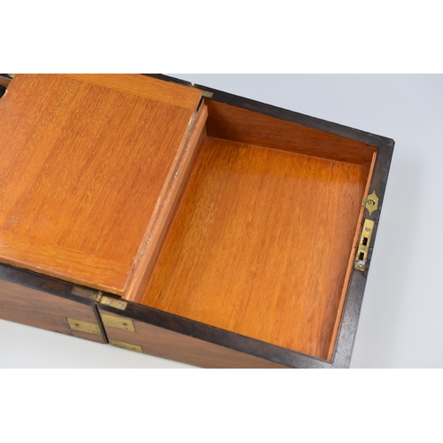 318 - Vintage writing slope with brass inlay and fittings with ink well lockable with key measures 6