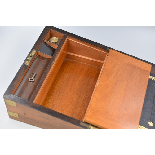 318 - Vintage writing slope with brass inlay and fittings with ink well lockable with key measures 6