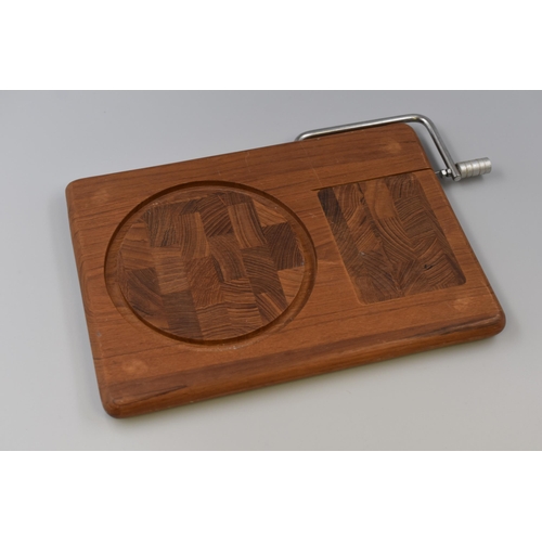 322 - Vintage Goodwood Teak Cheese Cutting Board with Cutting Arm Wire and Glass Storage Dome