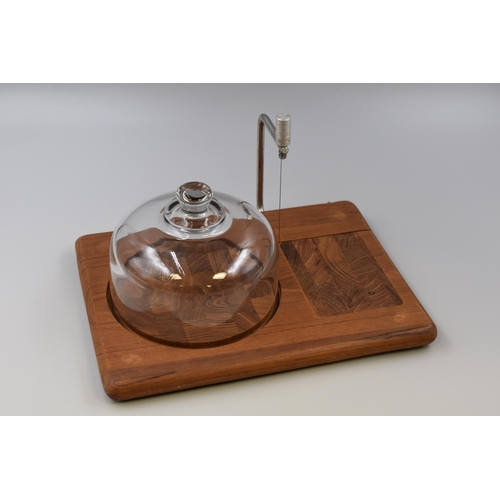 322 - Vintage Goodwood Teak Cheese Cutting Board with Cutting Arm Wire and Glass Storage Dome