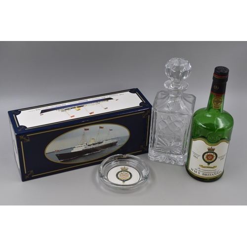 325 - Three HMY Britannia Memorablia Includes Boxed Decanter with Certificate, Ashtray and Empty Bottle