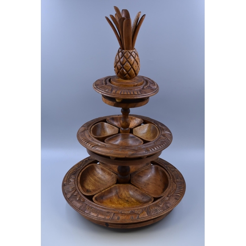 328 - A Vintage Carved Wood Three Tier Revolving Lazy Susan With Pineapple Top and Nine Serving Sticks. Ap... 