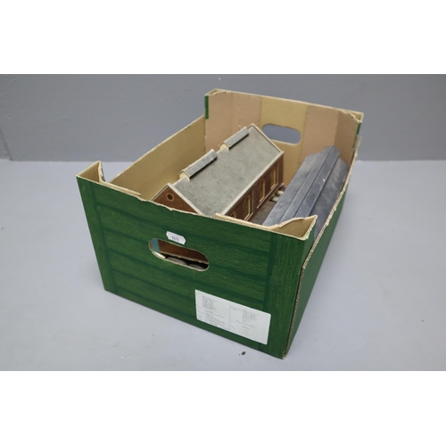 339 - A Selection of Model Railway Accessories To Include Buildings, Carriages, Signs, Kiosks, And More