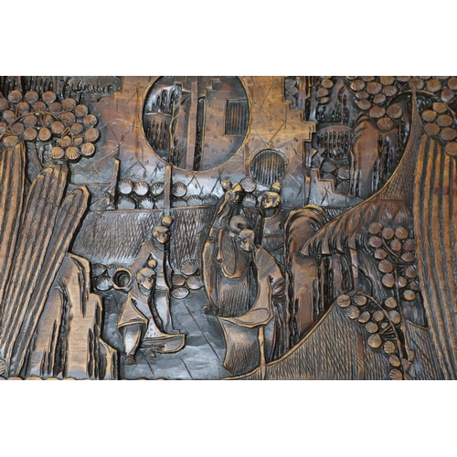 572 - Vintage Chinese Hand Carved Camphor Wood Chest showing Detailed Carvings of Elder Gatherings (one re... 