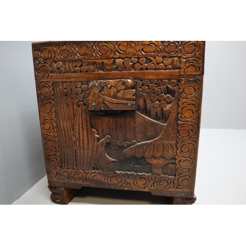 572 - Vintage Chinese Hand Carved Camphor Wood Chest showing Detailed Carvings of Elder Gatherings (one re... 