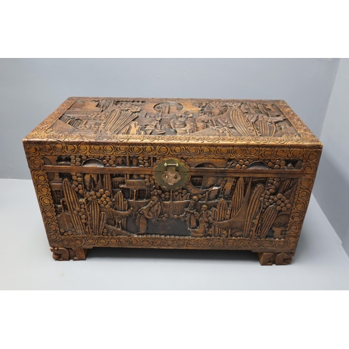 572 - Vintage Chinese Hand Carved Camphor Wood Chest showing Detailed Carvings of Elder Gatherings (one re... 