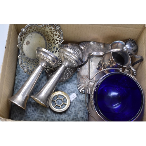 583 - Large selection of electro plated items to include 2 vases, jug, fish forks, ink well, blue glass di... 