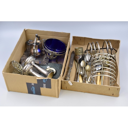 583 - Large selection of electro plated items to include 2 vases, jug, fish forks, ink well, blue glass di... 