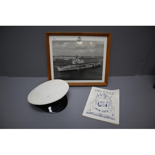 356 - Vintage Teak Framed Photograph of HMS Eagle and a Naval Cap