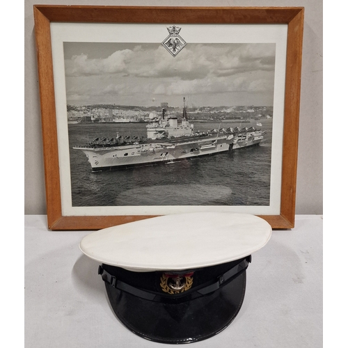 356 - Vintage Teak Framed Photograph of HMS Eagle and a Naval Cap